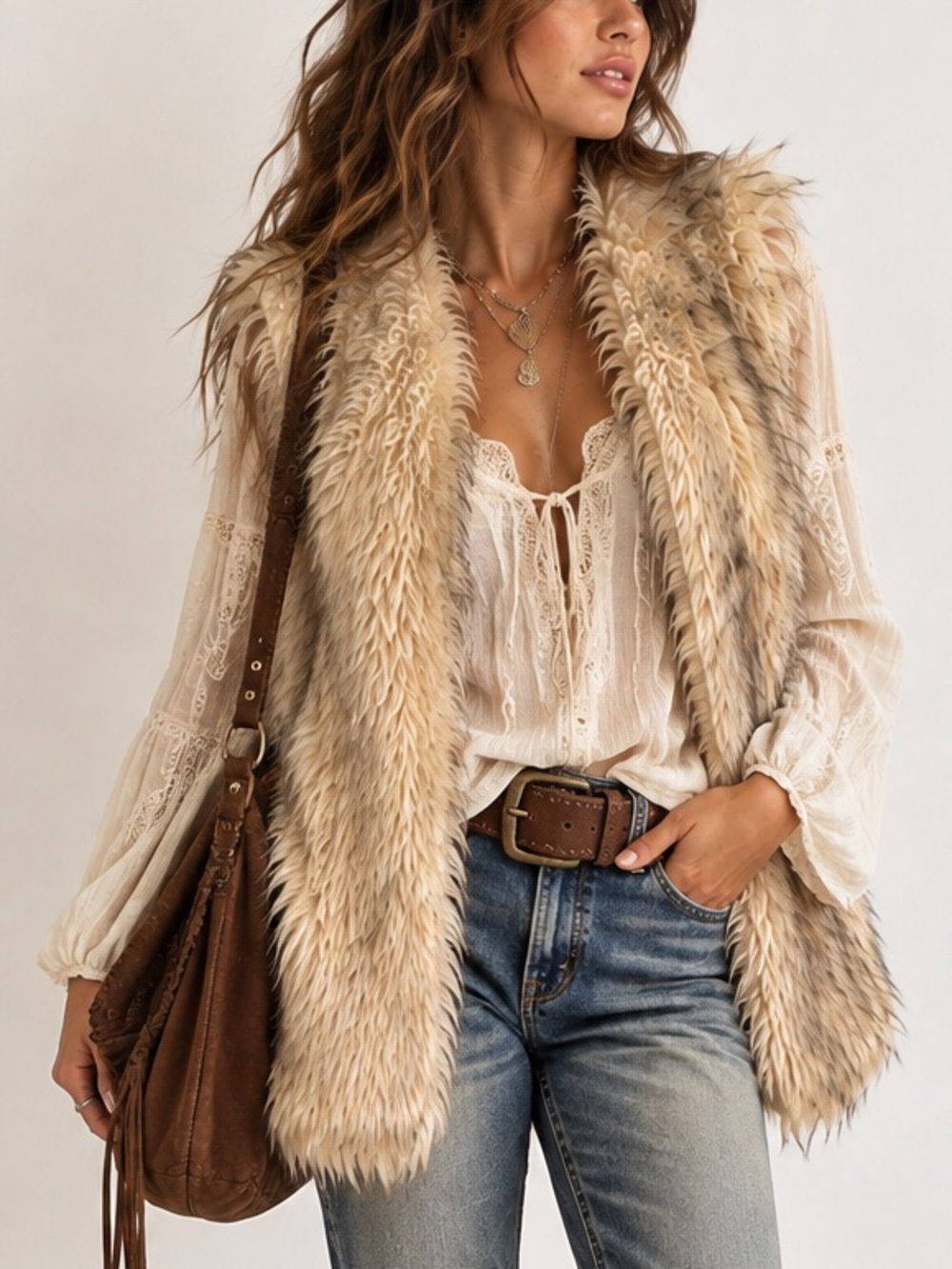 Charlotte Russe Shaggy Faux Fur Vest Penny Lane Boho Chic Large